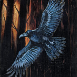 A black raven with wings spread wide, caught in mid-flight against a dark, burned forest glowing with orange firelight, painted in acrylic on charred wood