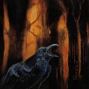"The One Who Announces” – a black raven with its beak open as if calling or warning, painted in front of a dark, burned forest glowing with orange firelight on a charred wood surface.