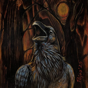 "The One Who Knows” – a black raven with its beak open as if calling or warning, painted in front of a dark, burned forest glowing with orange firelight on a charred wood surface.