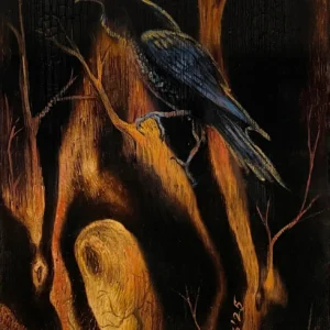“The One Who Remembers” – a painting of a black raven standing in a dark, burned-looking forest, its feathers catching cool blue highlights against a glowing orange and yellow background that suggests fire or fading light between tall tree trunks.