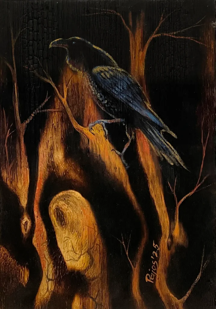 “The One Who Remembers” – a painting of a black raven standing in a dark, burned-looking forest, its feathers catching cool blue highlights against a glowing orange and yellow background that suggests fire or fading light between tall tree trunks.