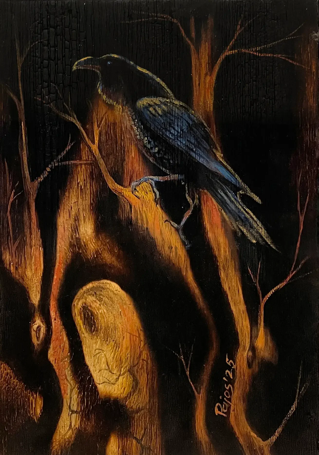“The One Who Remembers” – a close-up painting of a black raven standing in a dark, burned-looking forest, its feathers catching cool blue highlights against a glowing orange and yellow background that suggests fire or fading light between tall tree trunks.