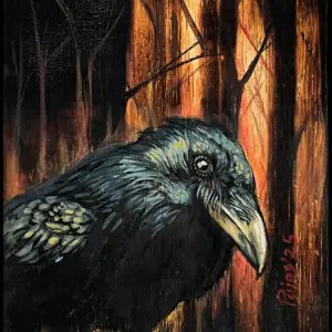 “The One Who Understands” – a close-up painting of a black raven standing in a dark, burned-looking forest, its feathers catching cool blue highlights against a glowing orange and yellow background that suggests fire or fading light between tall tree trunks.