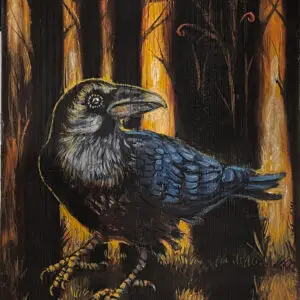 “The One Who Understands” – a close-up painting of a black raven standing in a dark, burned-looking forest, its feathers catching cool blue highlights against a glowing orange and yellow background that suggests fire or fading light between tall tree trunks.