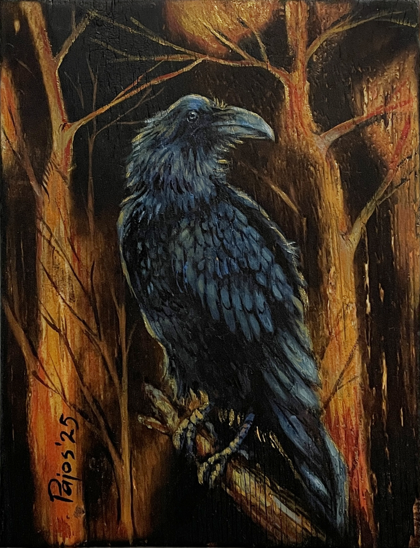 “The One Who Stays” – painting of a black raven standing in a dark, burned-looking forest, its feathers catching cool blue highlights against a glowing orange and yellow background that suggests fire or fading light between tall tree trunks.