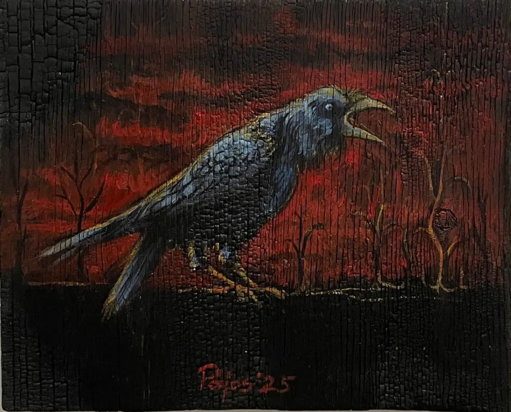 "The One Who Knows” – a black raven with its beak open as if calling or warning, painted in front of a dark, burned forest glowing with orange firelight on a charred wood surface.