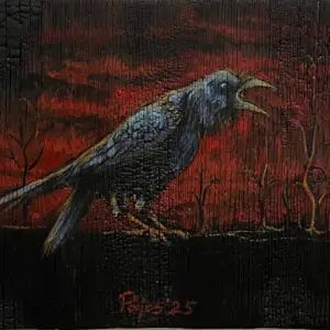 "The One Who Knows” – a black raven with its beak open as if calling or warning, painted in front of a dark, burned forest glowing with orange firelight on a charred wood surface.