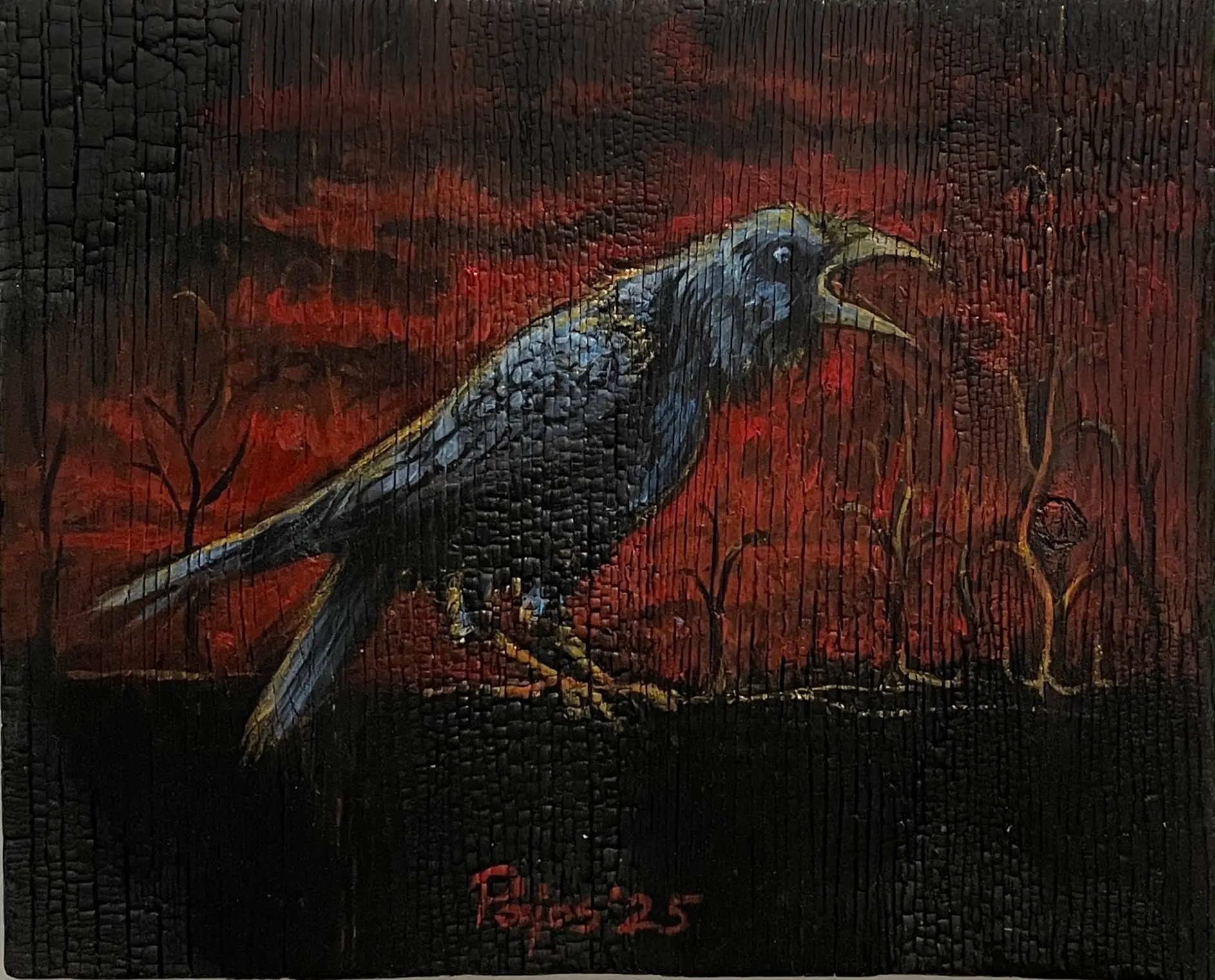 "The One Who Knows” – a black raven with its beak open as if calling or warning, painted in front of a dark, burned forest glowing with orange firelight on a charred wood surface.